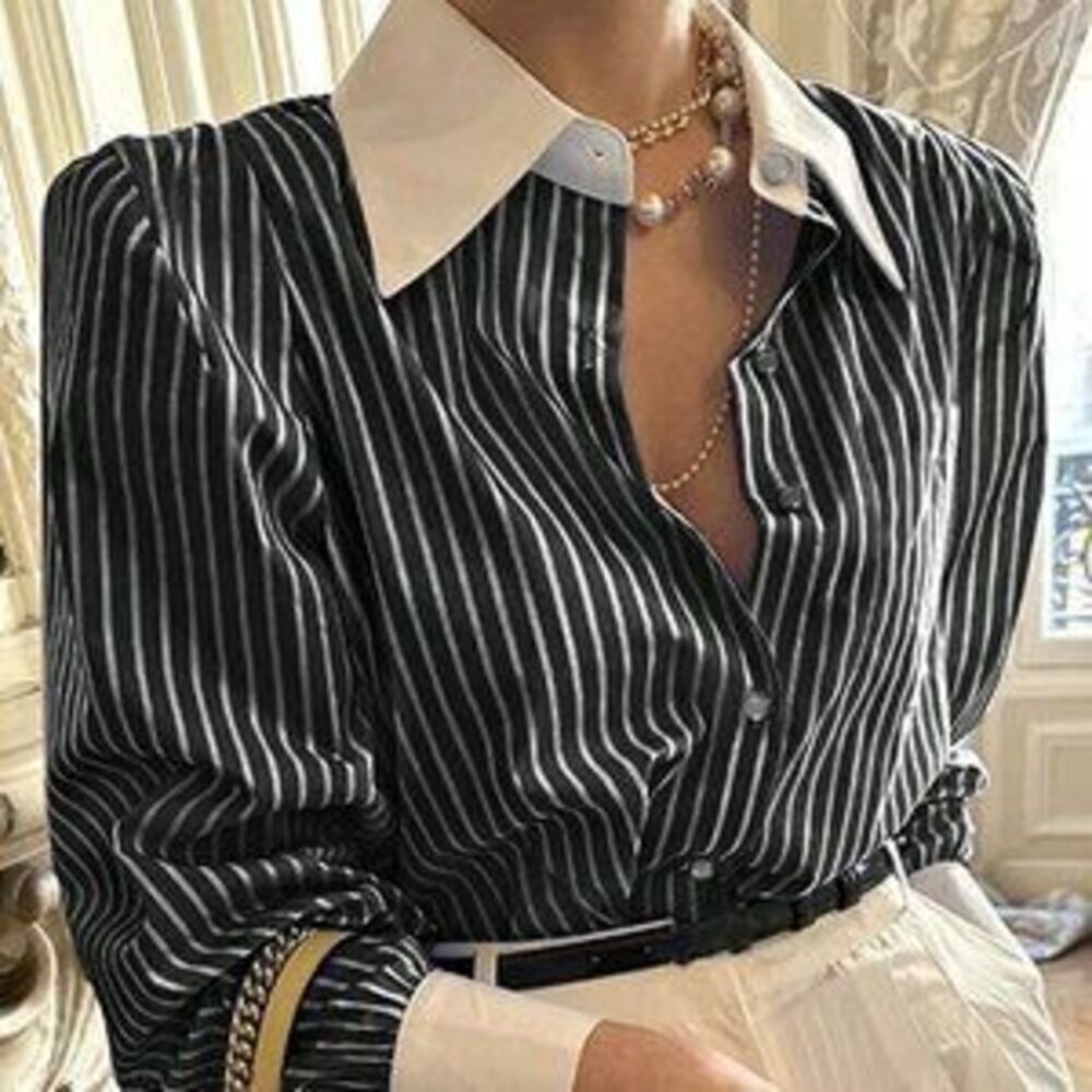 Black Casual Women's Button Down Long Sleeve Loose Fit Striped Blouse - Picture 4 of 4